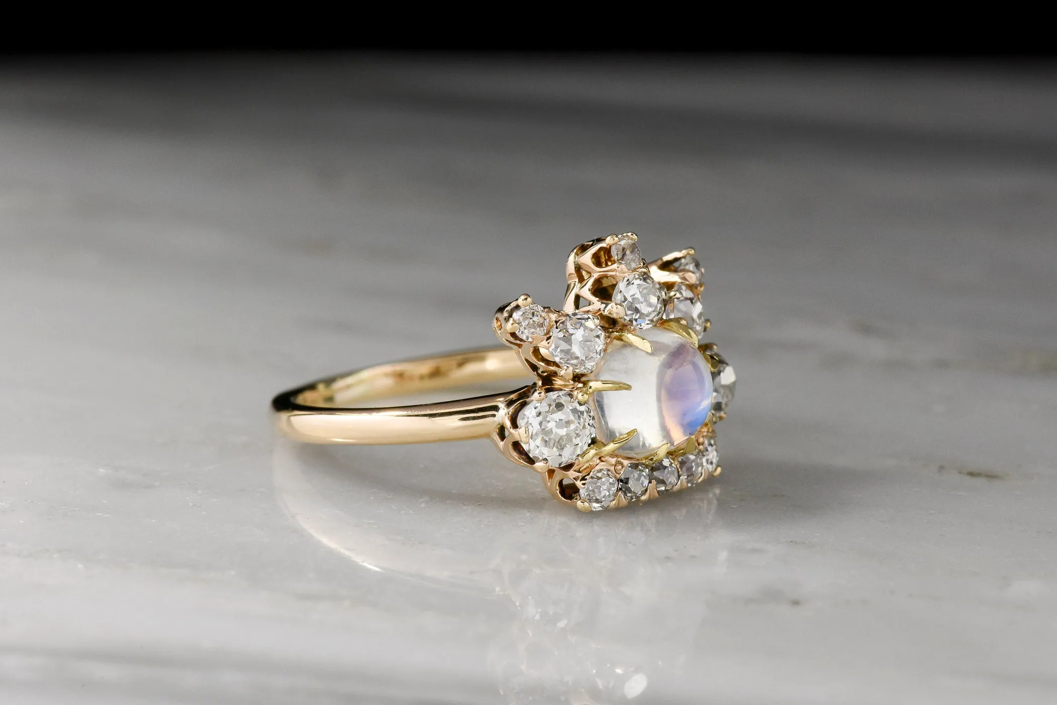 Victorian "Queen of the Night" Right-Hand Ring with a Moonstone Center and Old Mine Cut Diamonds in the Crown