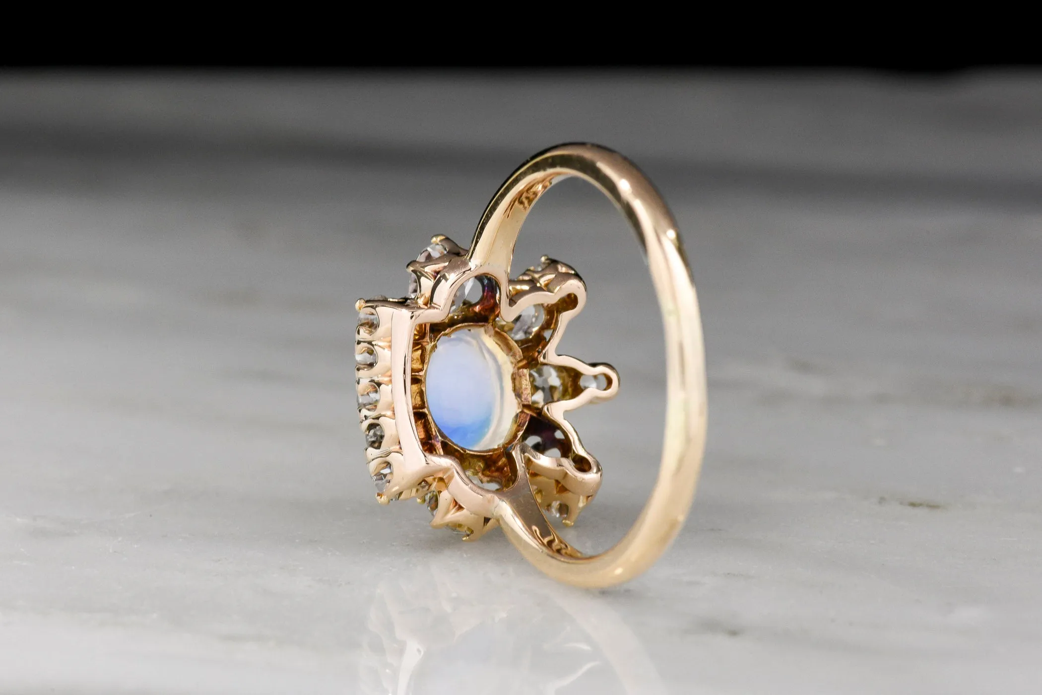 Victorian "Queen of the Night" Right-Hand Ring with a Moonstone Center and Old Mine Cut Diamonds in the Crown