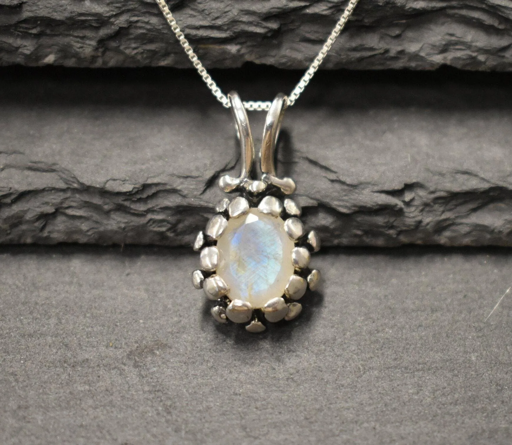 Vintage Moonstone Pendant - Real Rainbow Moonstone Necklace - June Birthstone Necklace