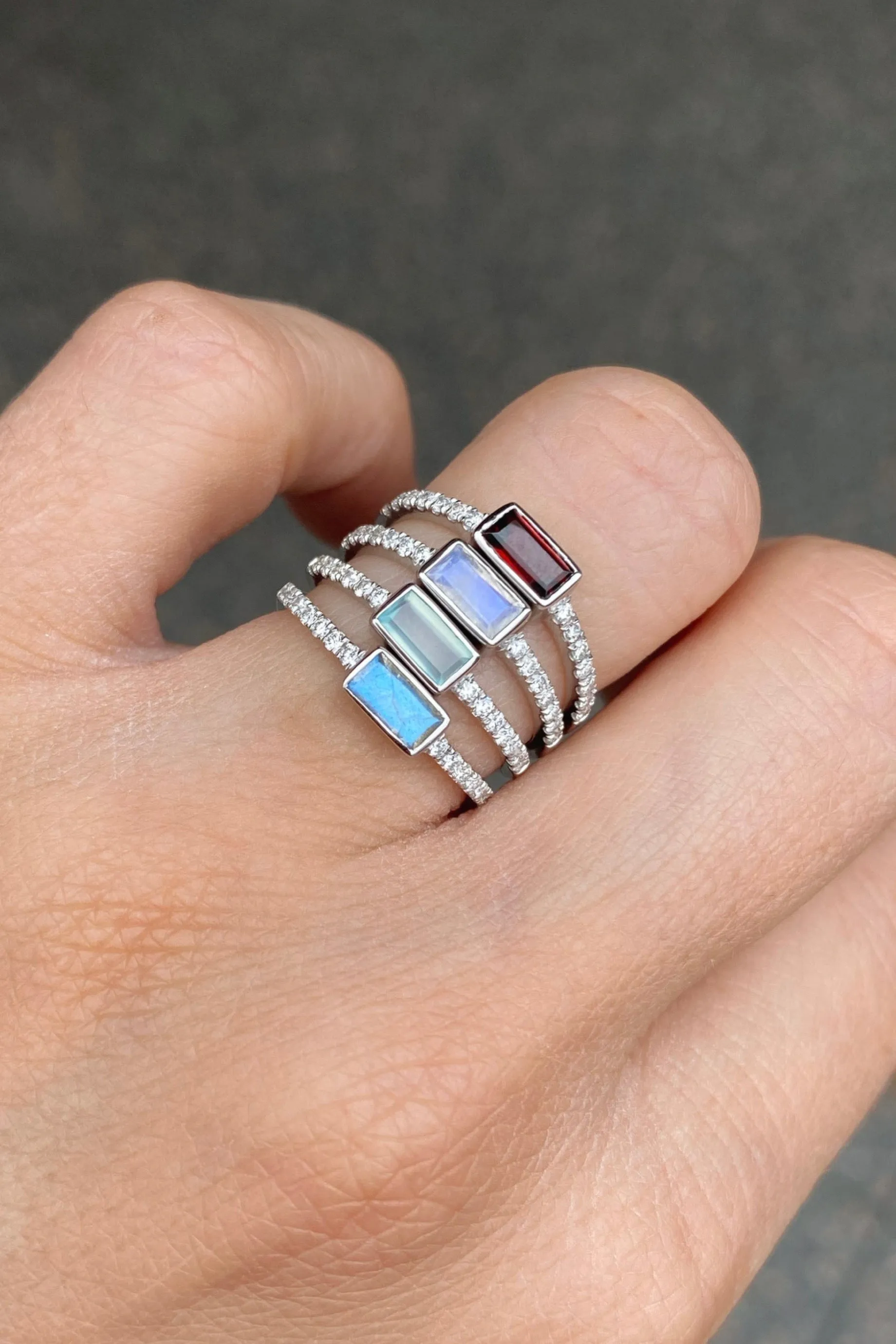 White Gold Moonstone Baguette and Diamond Band