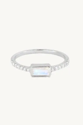 White Gold Moonstone Baguette and Diamond Band