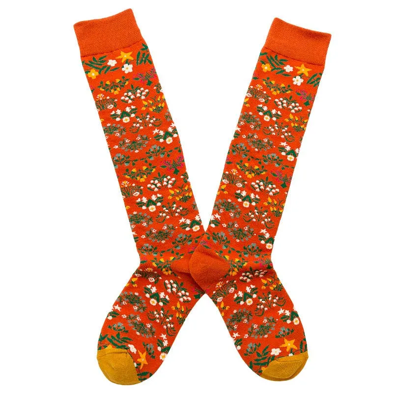 Women's  Cotton Knee-High Socks Flower Plants Style