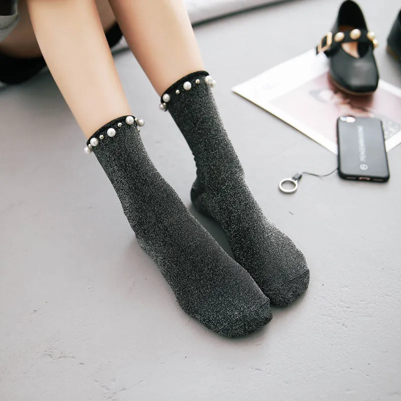 Women's Glitter Socks With Pearl Design
