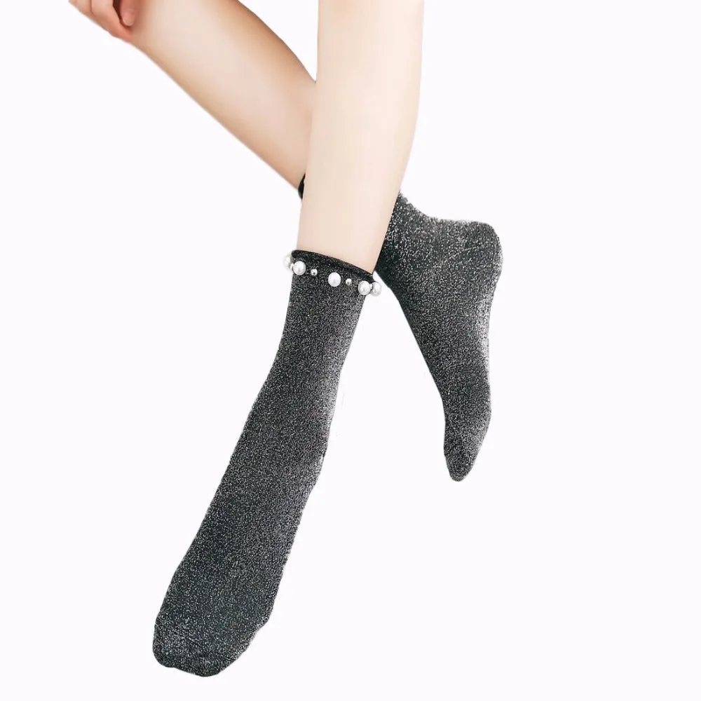 Women's Glitter Socks With Pearl Design