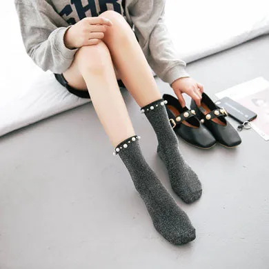 Women's Glitter Socks With Pearl Design