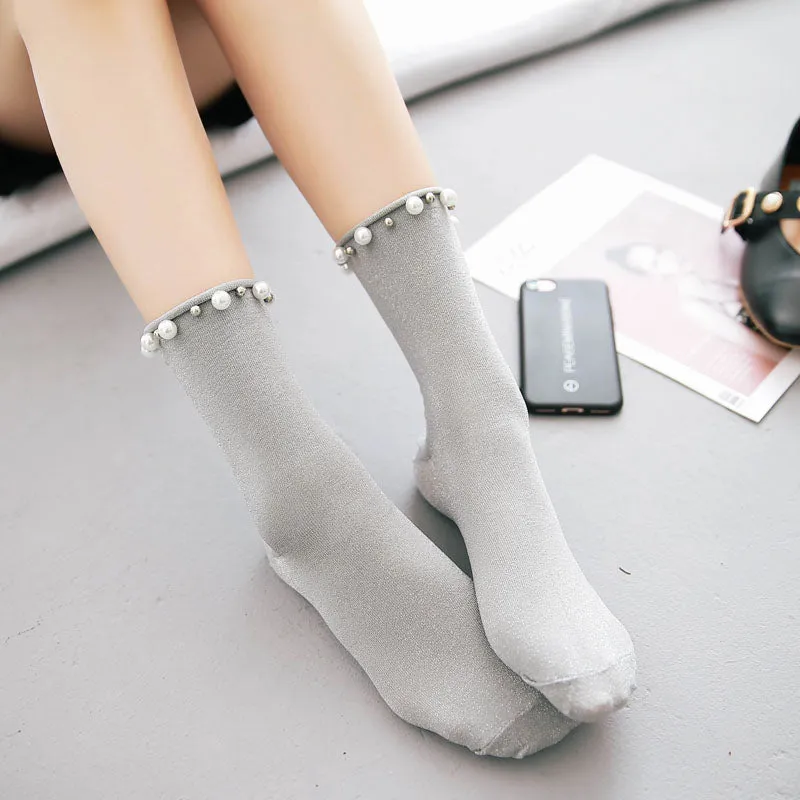 Women's Glitter Socks With Pearl Design