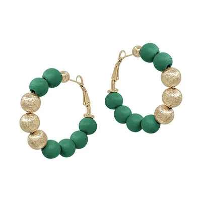Wood Beaded and Textured Gold Earrings