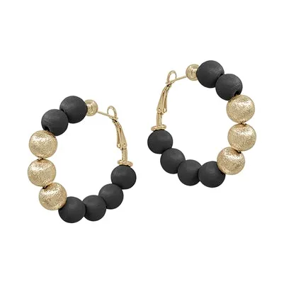 Wood Beaded and Textured Gold Earrings
