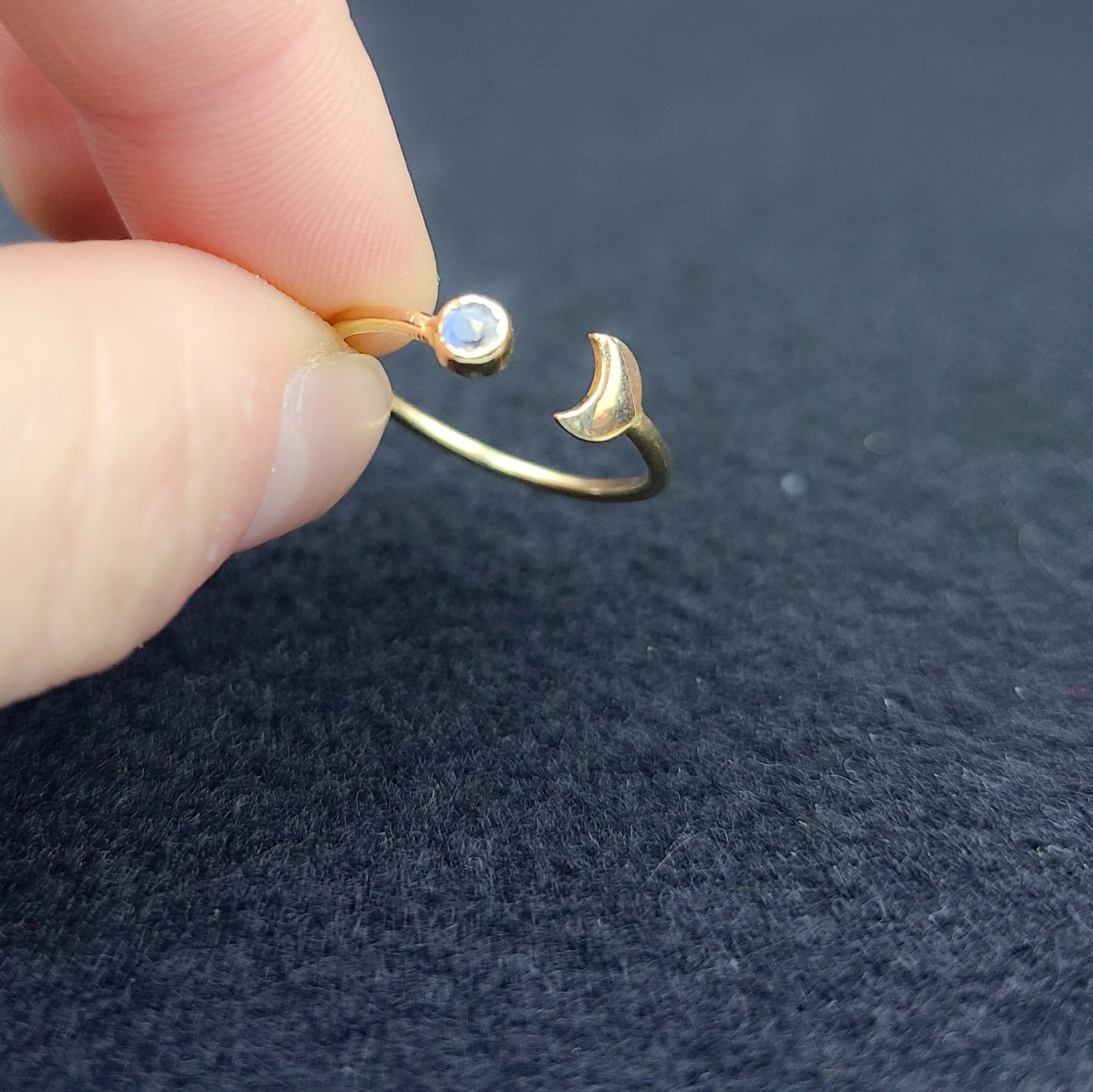 Yellow Gold Rainbow Moonstone Moon Crescent Ring 10K - 14K