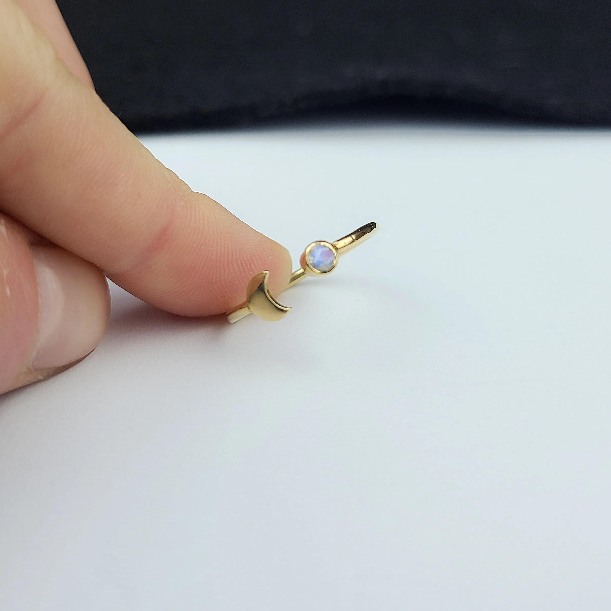 Yellow Gold Rainbow Moonstone Moon Crescent Ring 10K - 14K