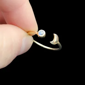 Yellow Gold Rainbow Moonstone Moon Crescent Ring 10K - 14K