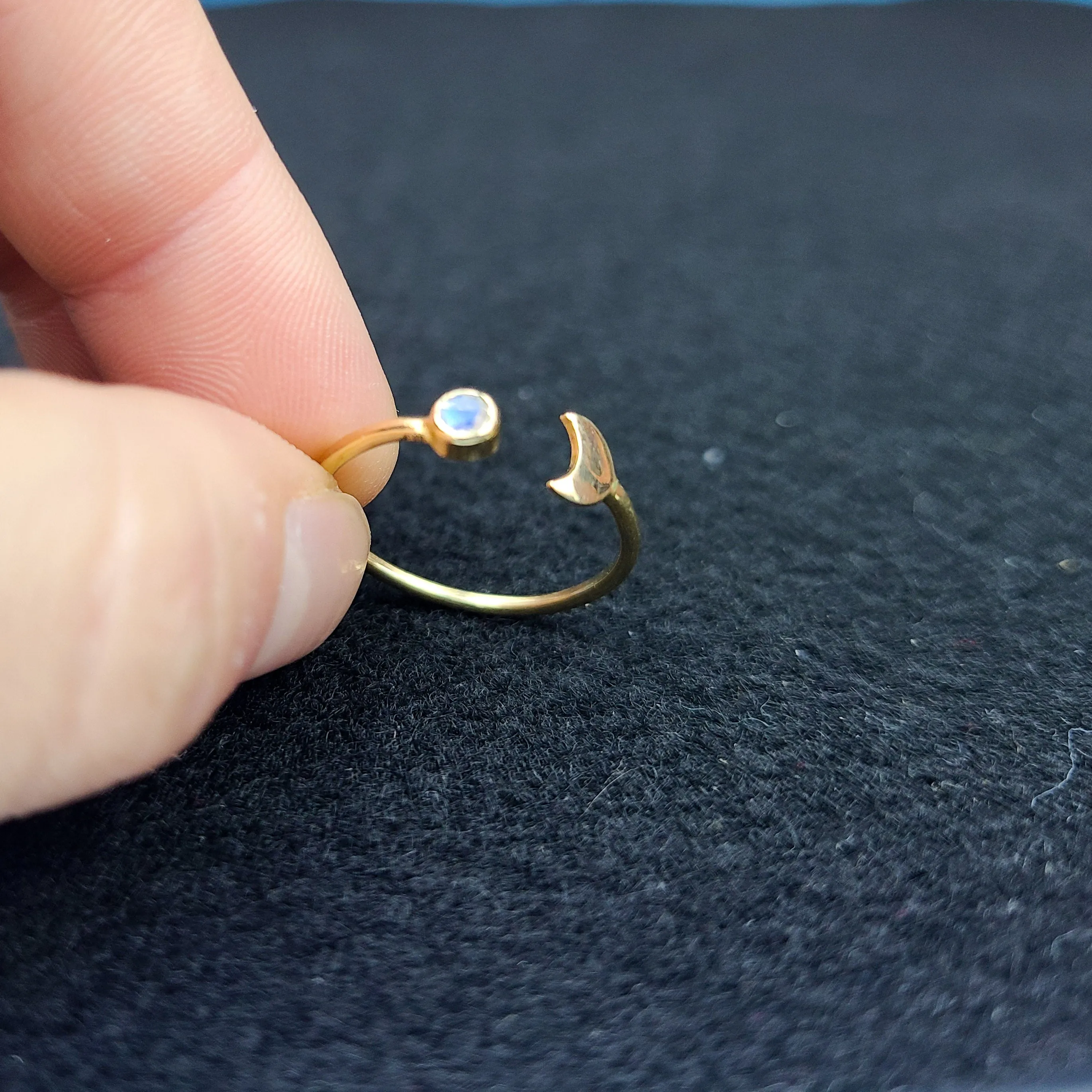 Yellow Gold Rainbow Moonstone Moon Crescent Ring 10K - 14K