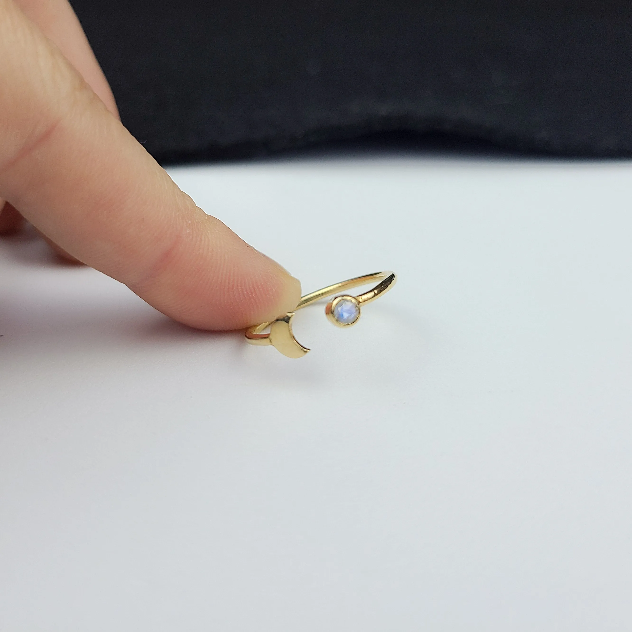 Yellow Gold Rainbow Moonstone Moon Crescent Ring 10K - 14K