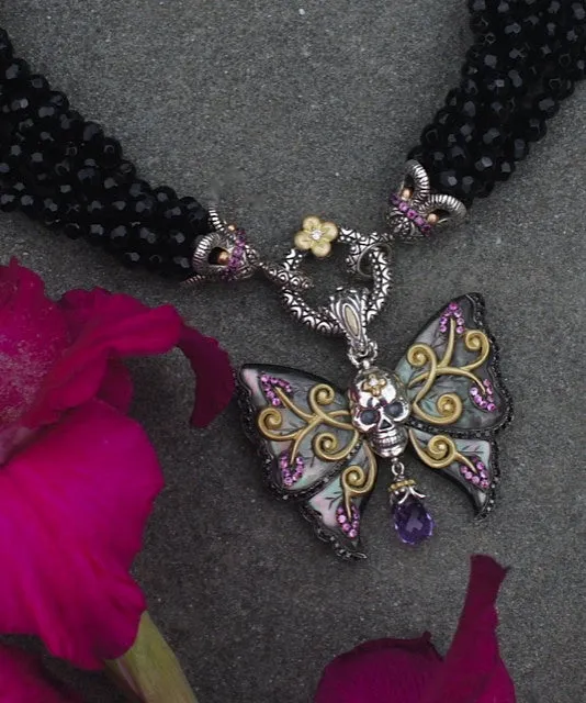 Zen Garden Butterfly Skull Pendant – Black Mother of Pearl, Diamonds, Amethyst & Pink Sapphire