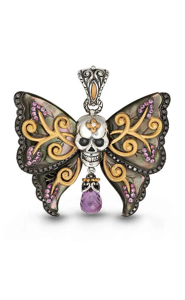 Zen Garden Butterfly Skull Pendant – Black Mother of Pearl, Diamonds, Amethyst & Pink Sapphire